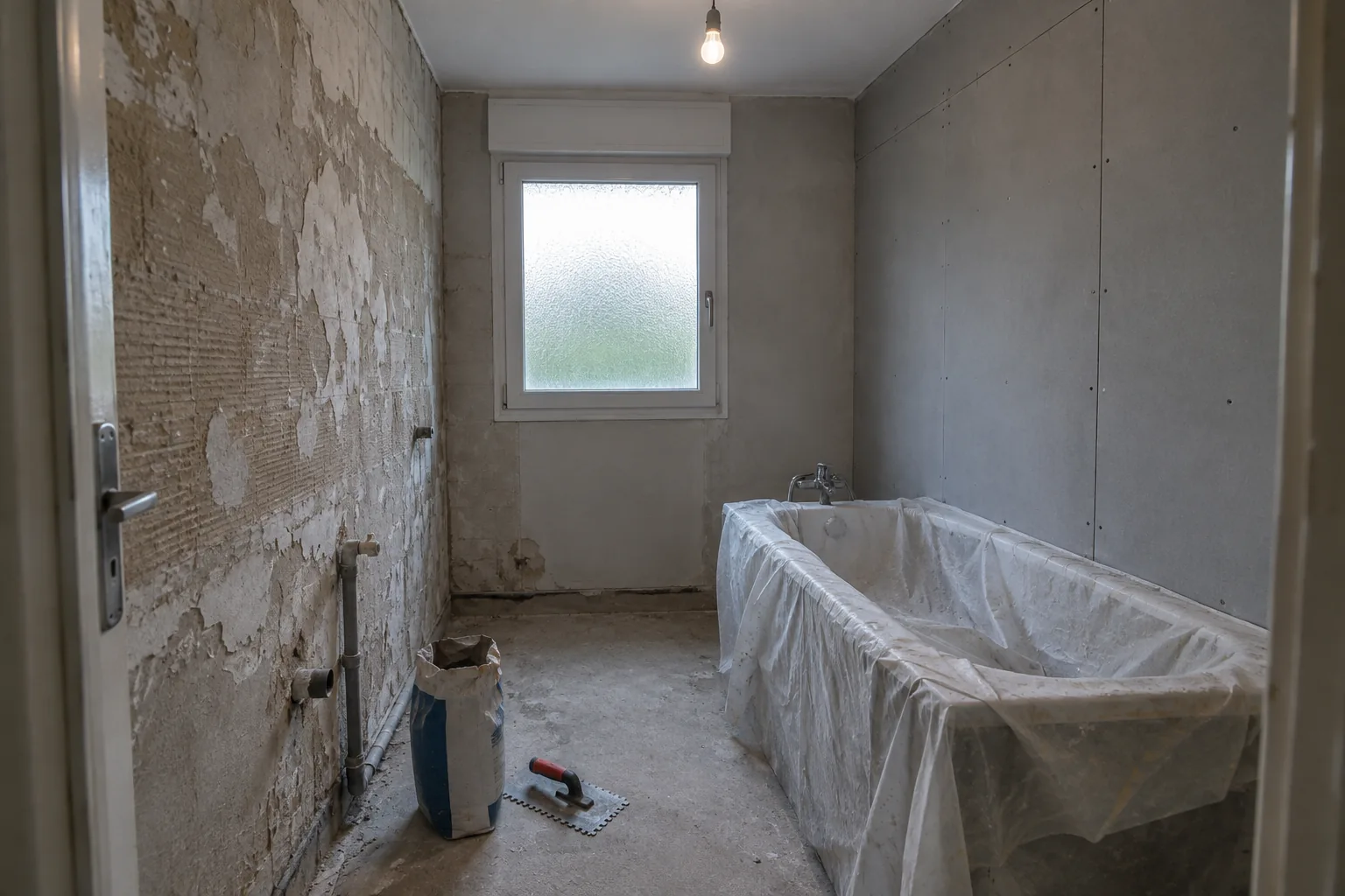 Salle de bain en travaux, carrelage arraché d'un côté, panneau neuf de l'autre, baignoire bâchée