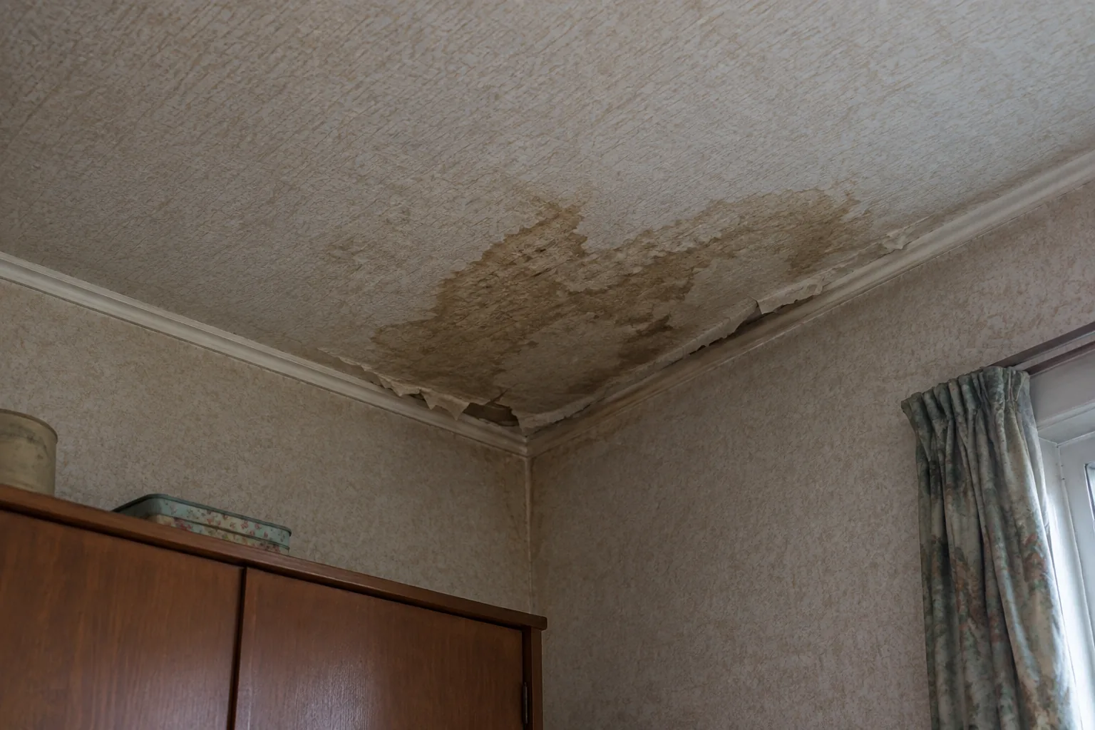 Auréole d'humidité au plafond d'une chambre, peinture cloquée le long de la corniche