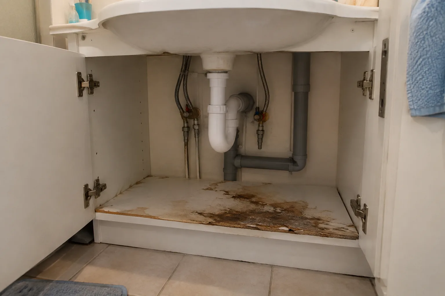 Meuble sous vasque ouvert, siphon apparent et panneau gonflé par une ancienne fuite