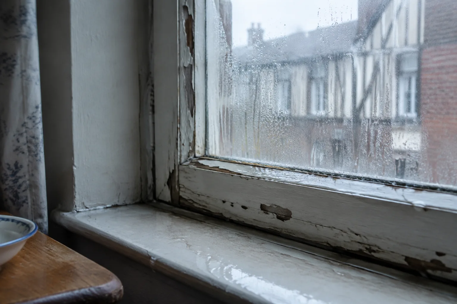 Fenêtre ancienne en bois, peinture qui s'écaille et condensation sur le vitrage