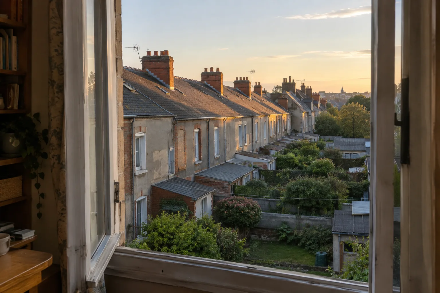 Rue résidentielle vue d'une fenêtre d'étage, toits et petits jardins en enfilade