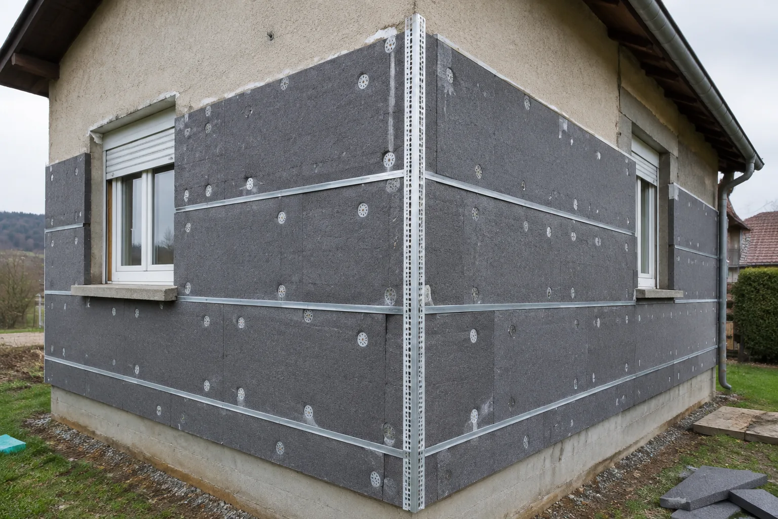 Panneaux d'isolation fixés sur un mur par des chevilles, rails visibles à l'angle