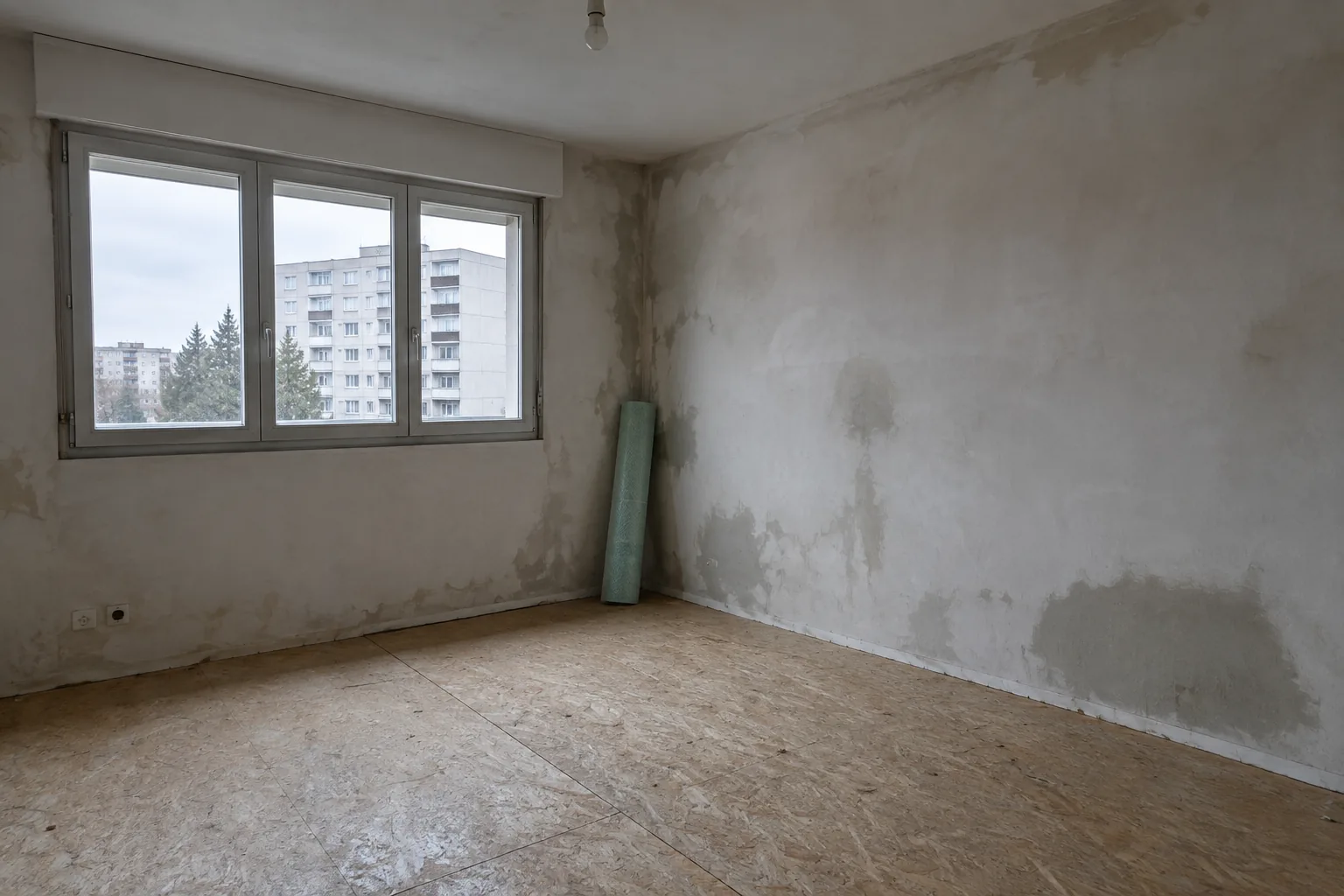 Appartement vidé pour travaux, sol mis à nu jusqu'au panneau de particules, murs fraîchement ratissés