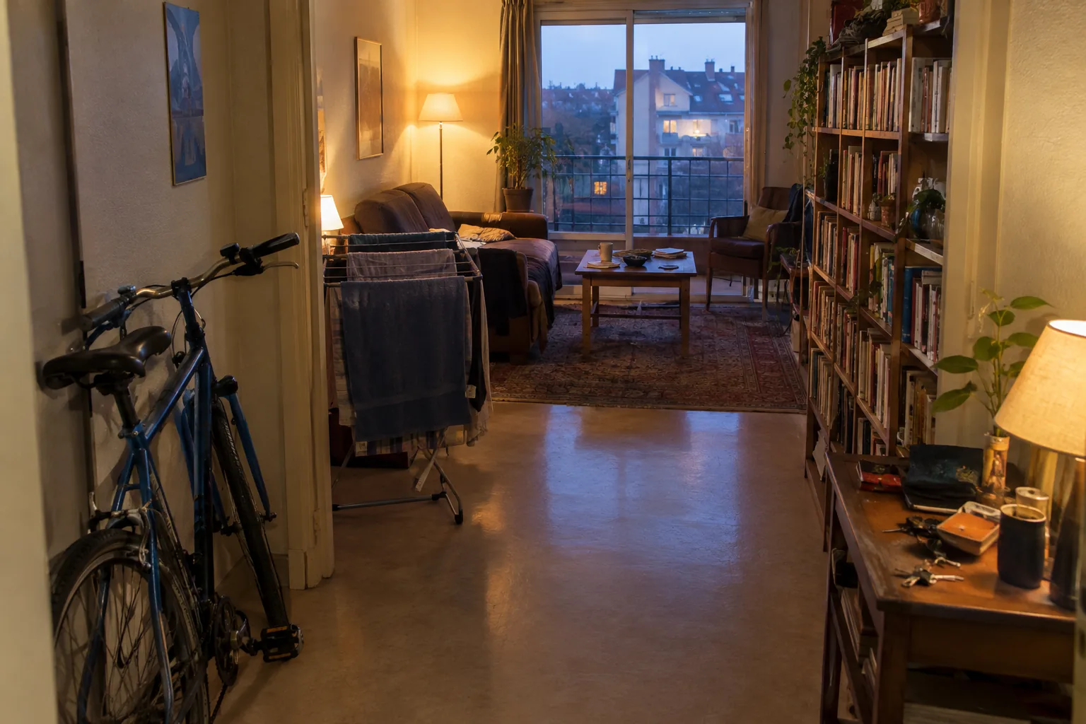 Appartement habité par son locataire, vélo dans l'entrée, étagère pleine et séchoir déplié