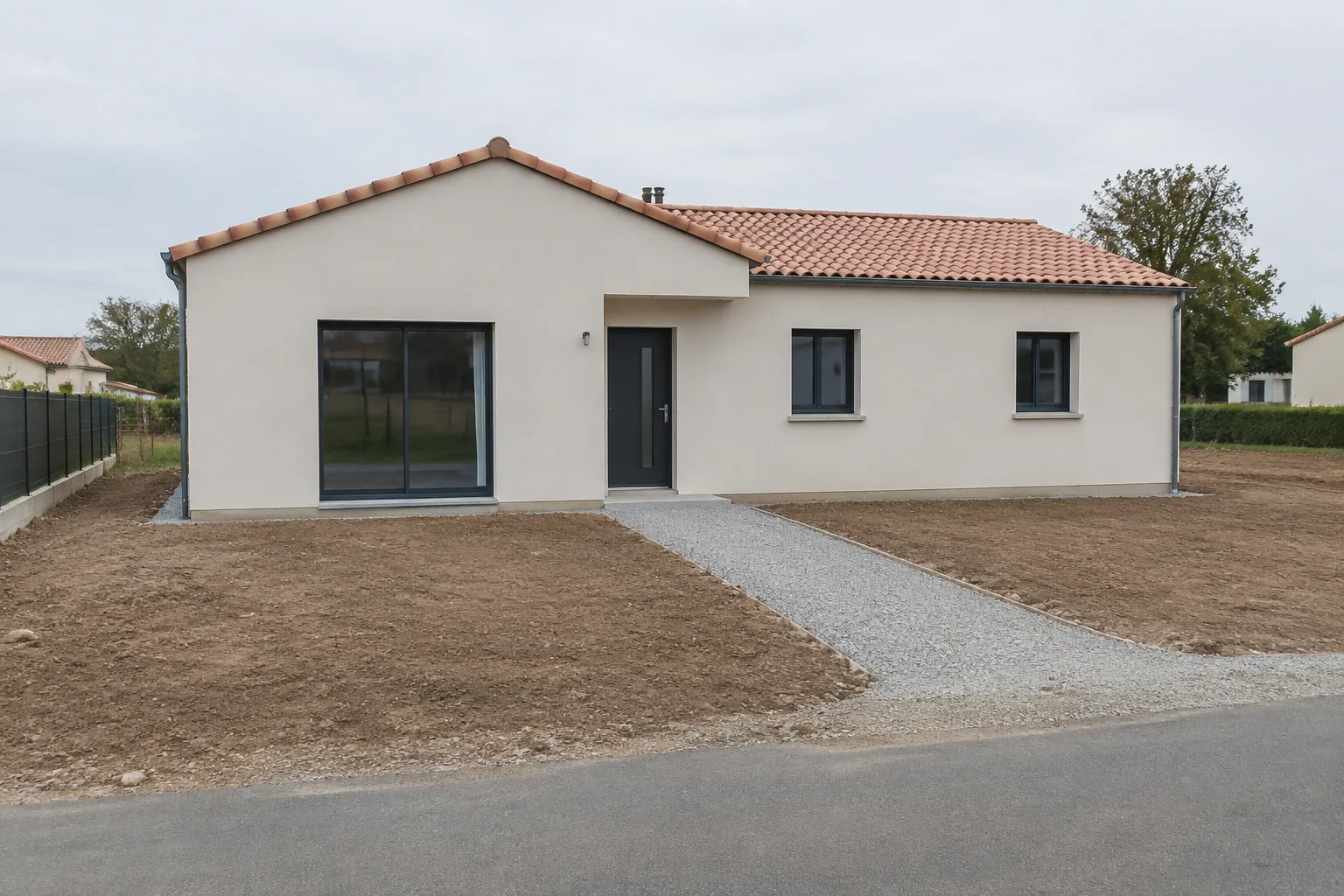 Maison neuve entourée de terre nue, allée provisoire en gravier, aucune plantation