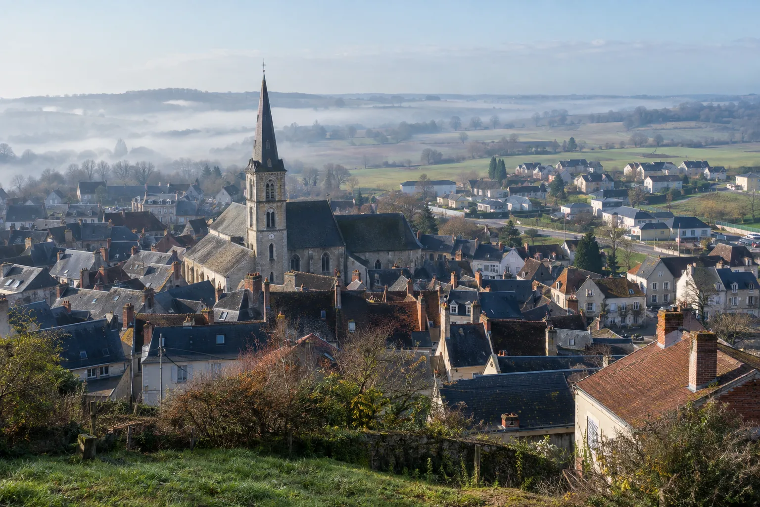 Ville vue d'une colline, toits en tuiles, clocher et lotissements en périphérie