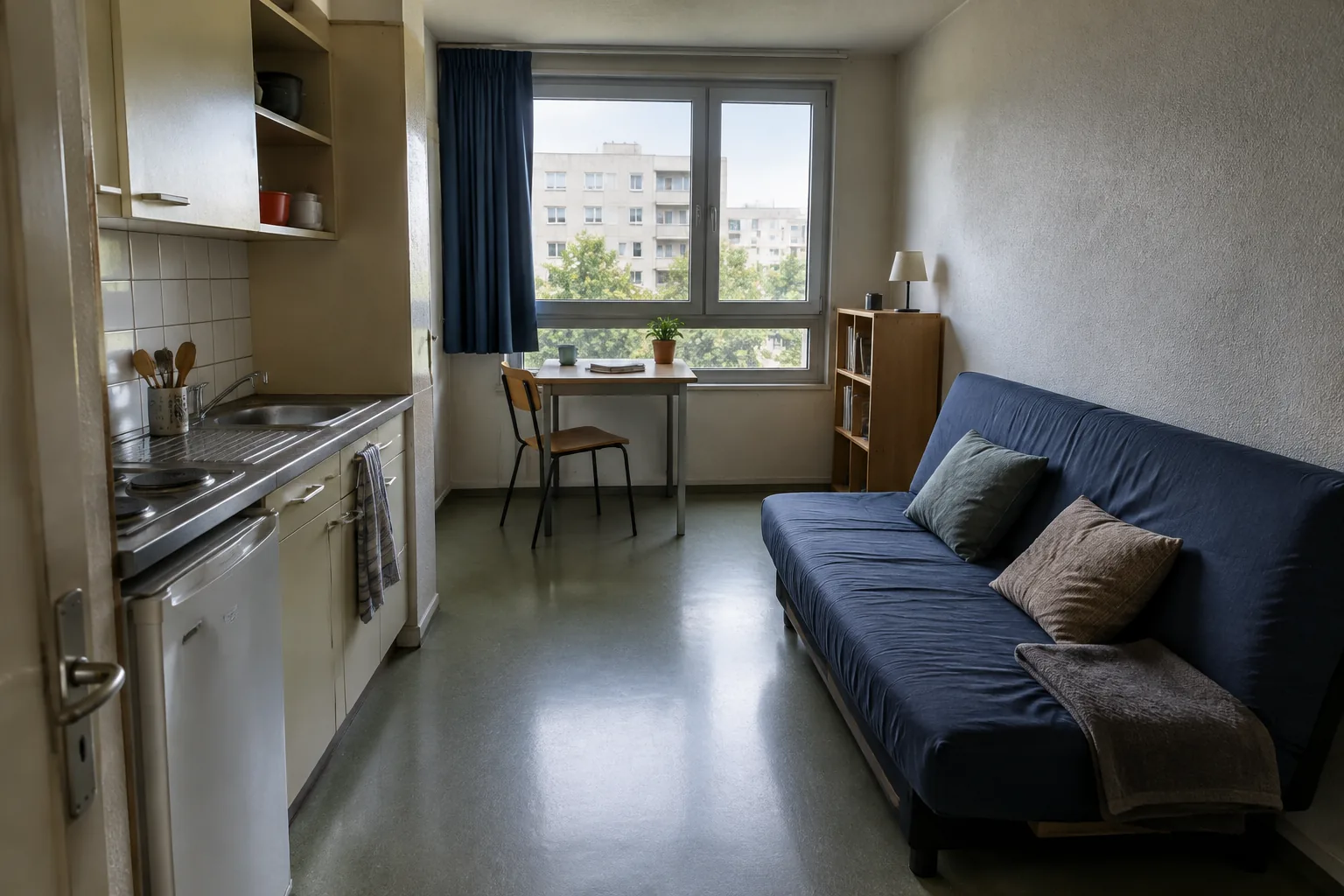 Studio compact, kitchenette le long d'un mur, canapé convertible en face