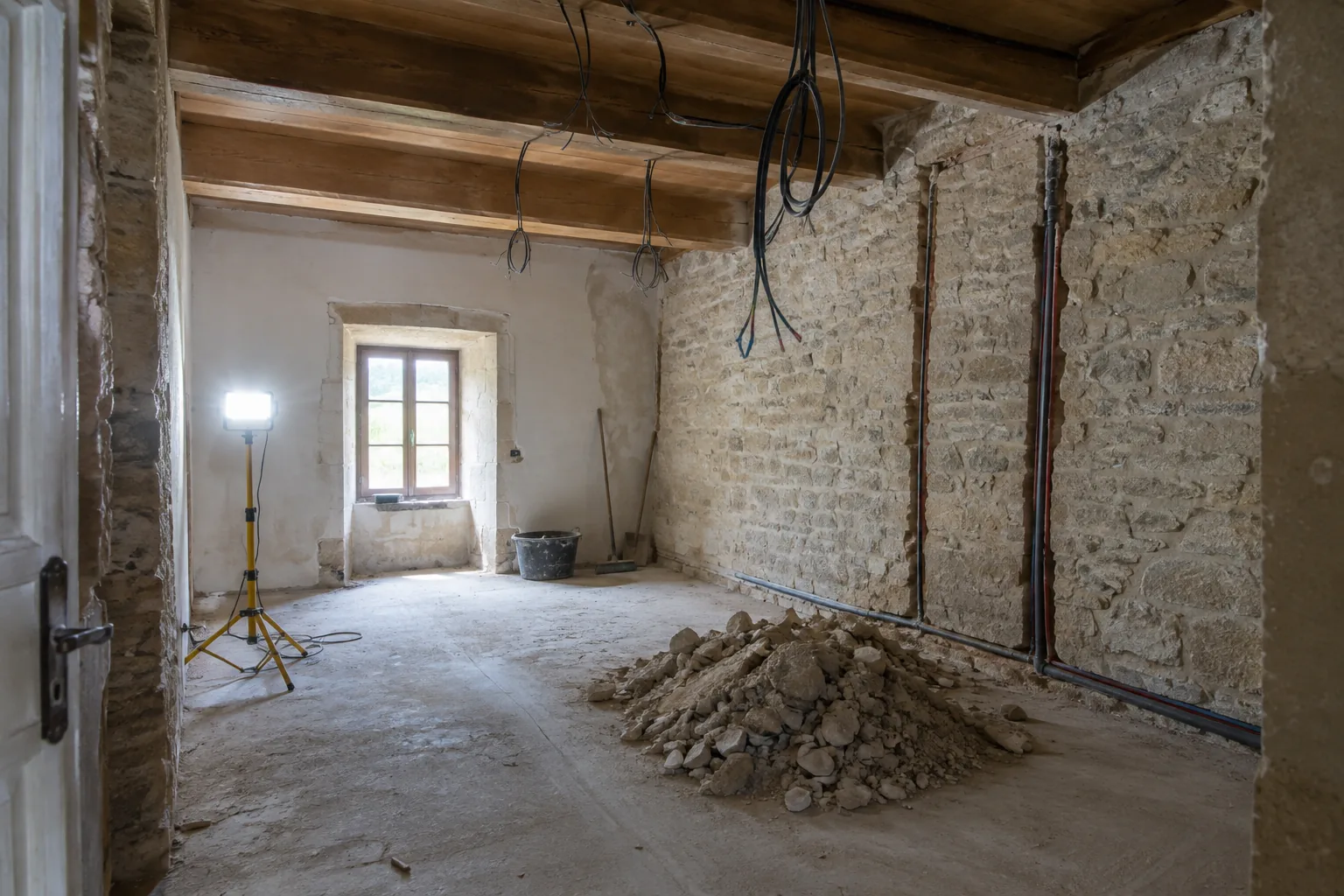 Câbles électriques neufs pendant du plafond et saignées ouvertes dans le plâtre