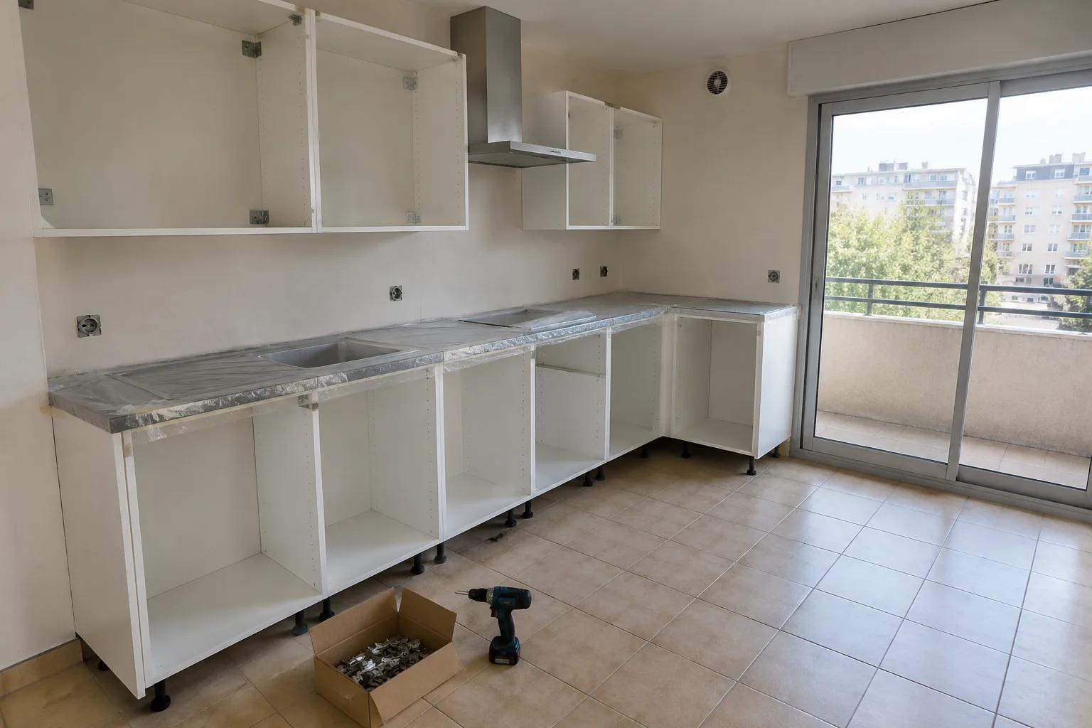Cuisine en cours de pose, caissons fixés sans portes, plan de travail encore sous film