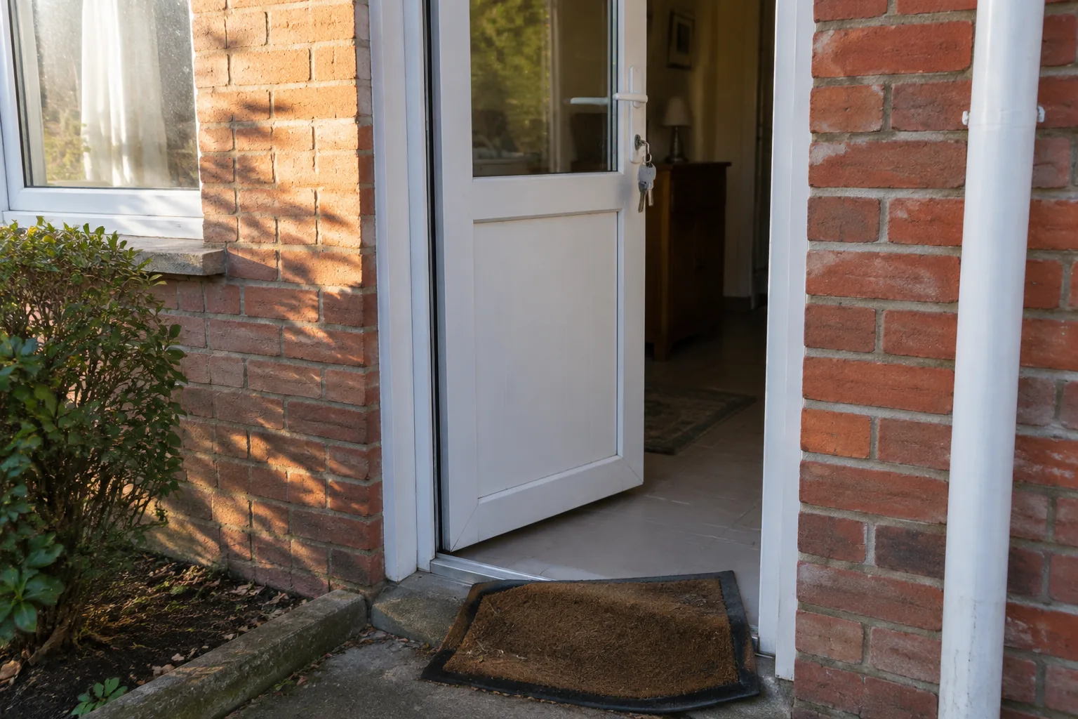 Porte d'entrée entrouverte, clé restée sur la serrure extérieure