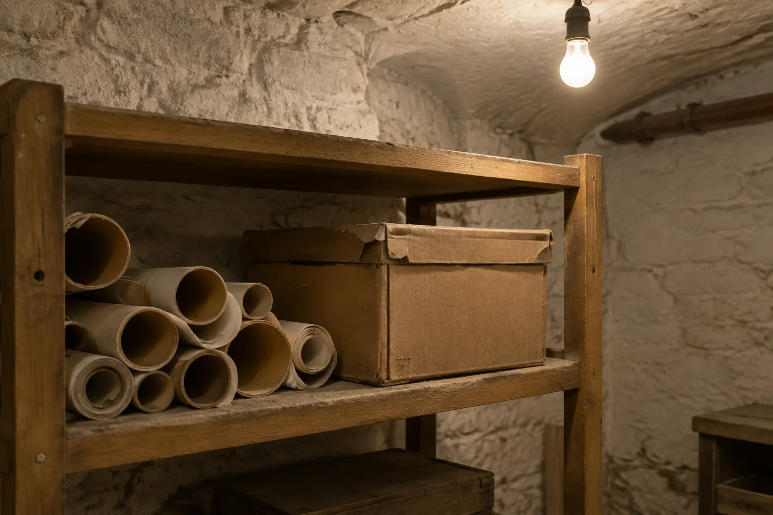 Étagère de cave avec des rouleaux de papier et une boîte à documents, couverts de poussière