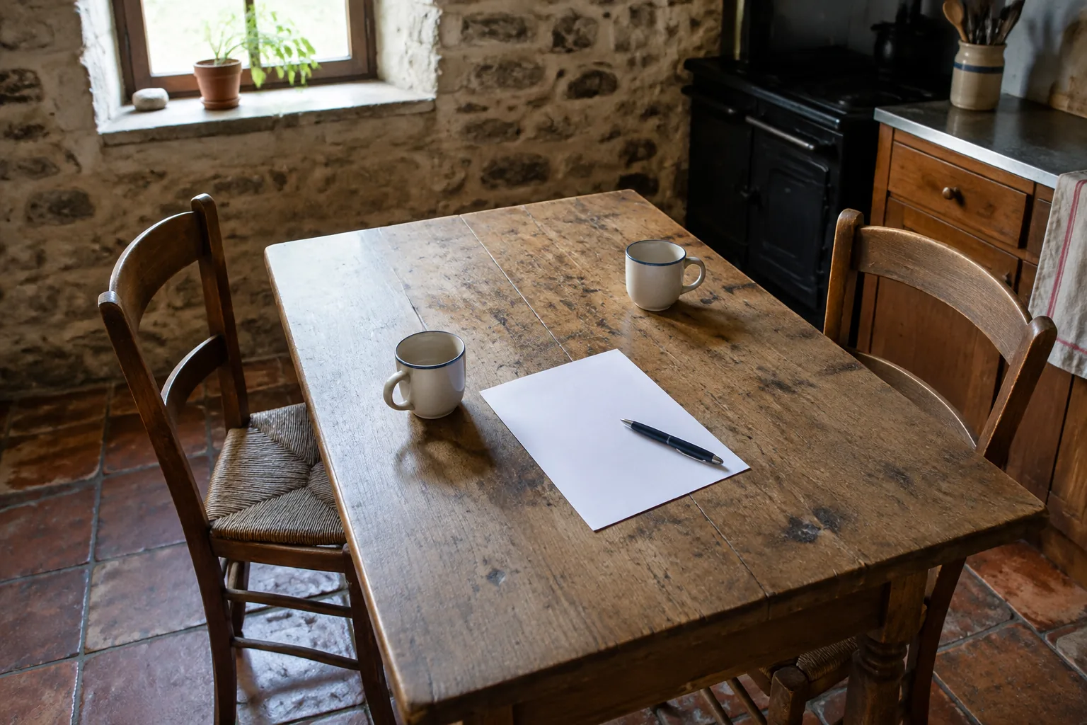Table de cuisine avec deux tasses vides, une feuille blanche et un stylo