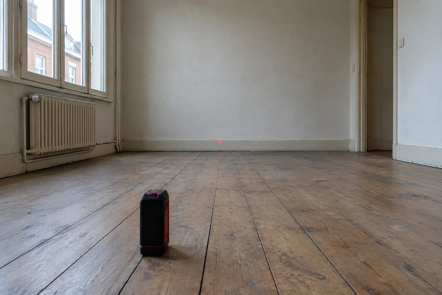 Pièce vide au parquet nu, télémètre laser posé au sol, point rouge visible sur la plinthe opposée