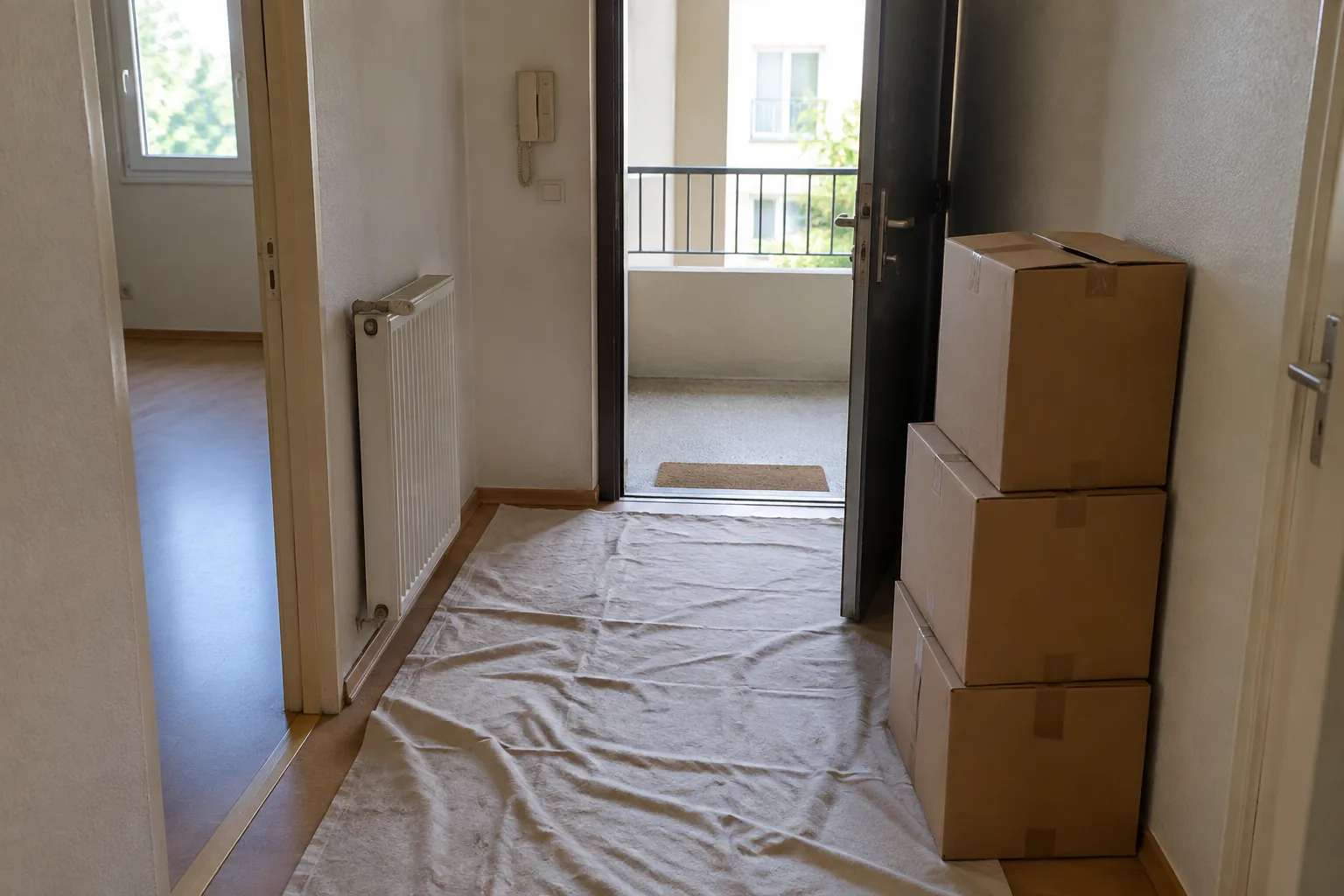 Entrée un jour de déménagement, trois cartons fermés posés près de la porte