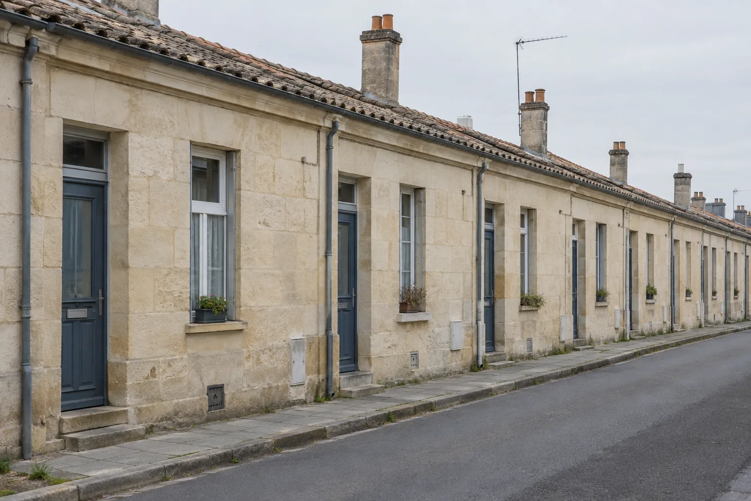 Rangée d'échoppes identiques le long d'une rue, mêmes portes et mêmes fenêtres