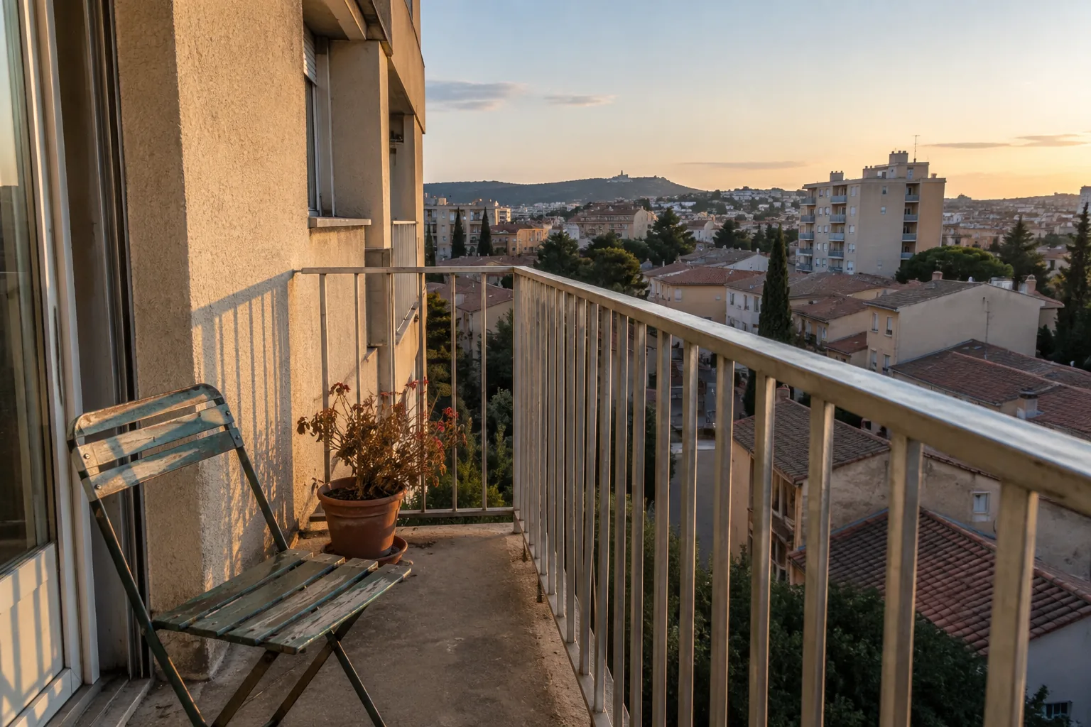 Balcon étroit avec une chaise pliante et un pot de géraniums, vue sur les toits d'une ville