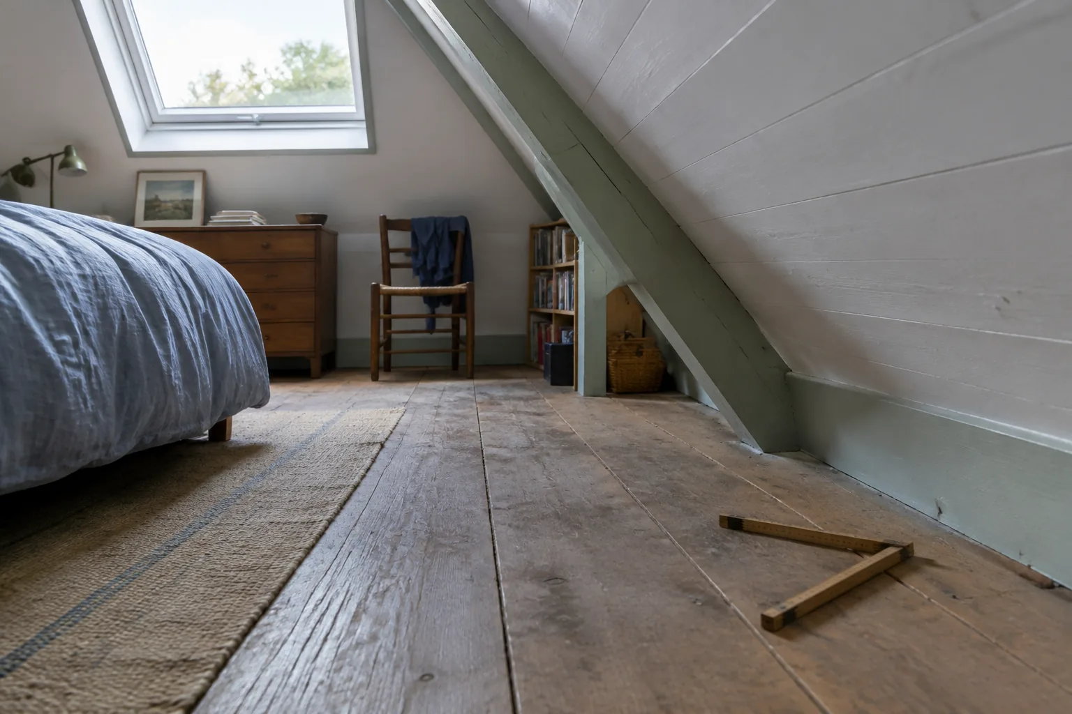 Chambre sous comble où le plafond rejoint le sol, un mètre pliant ouvert sur le plancher