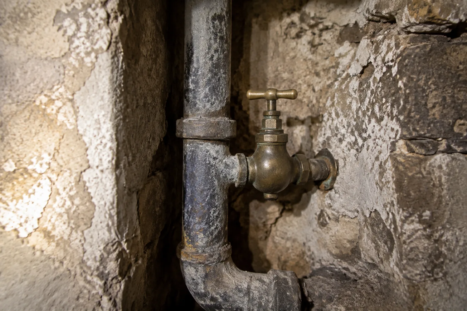 Ancien tuyau en plomb et robinet d'arrêt en laiton dans une niche de cave