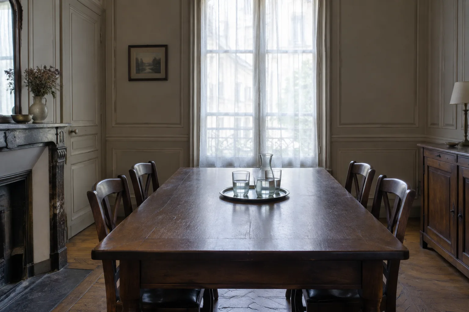 Salle à manger préparée pour un rendez-vous, table essuyée, quatre chaises et une carafe d'eau