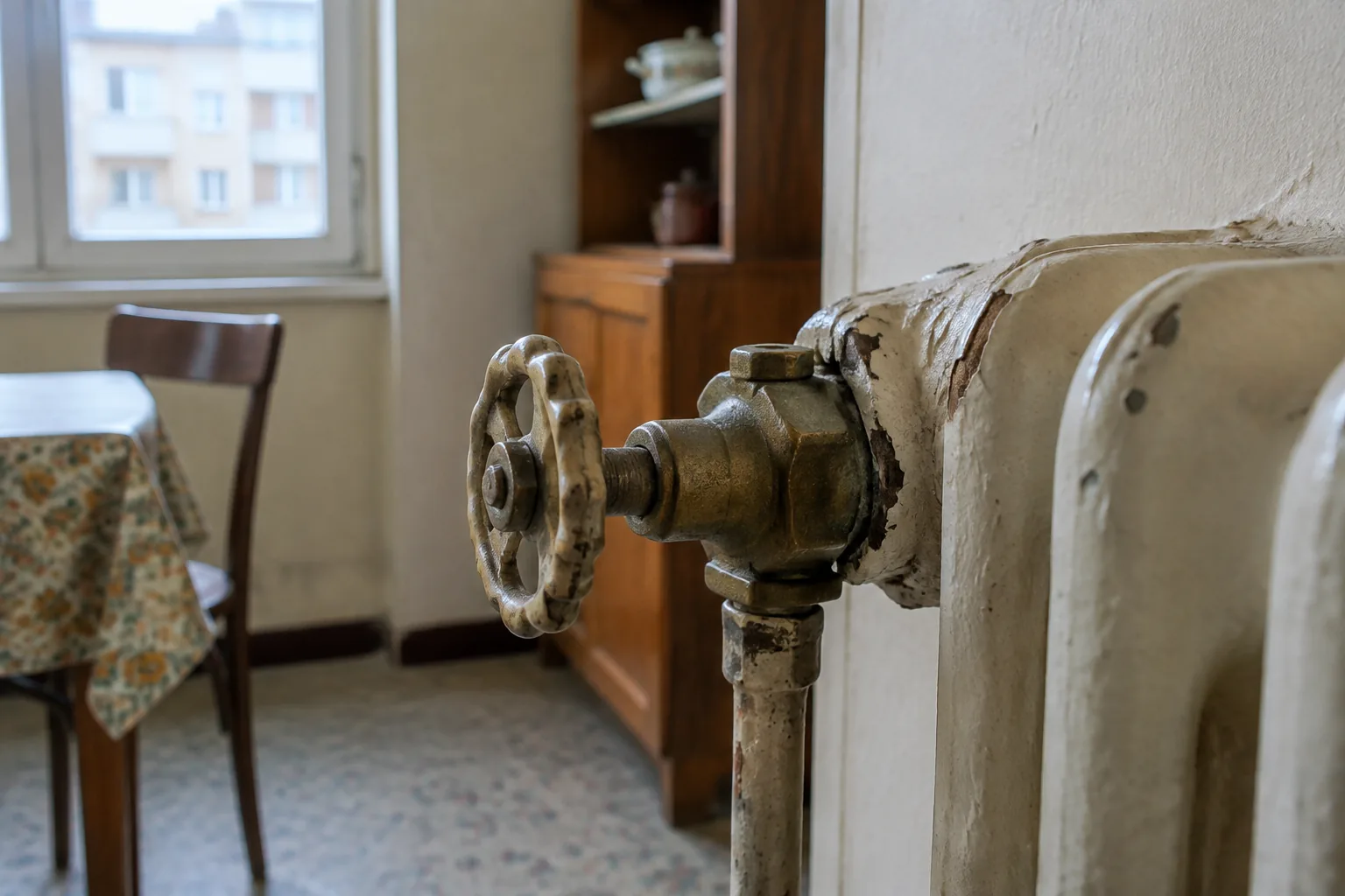 Robinet de radiateur en laiton, volant usé et peinture écaillée autour