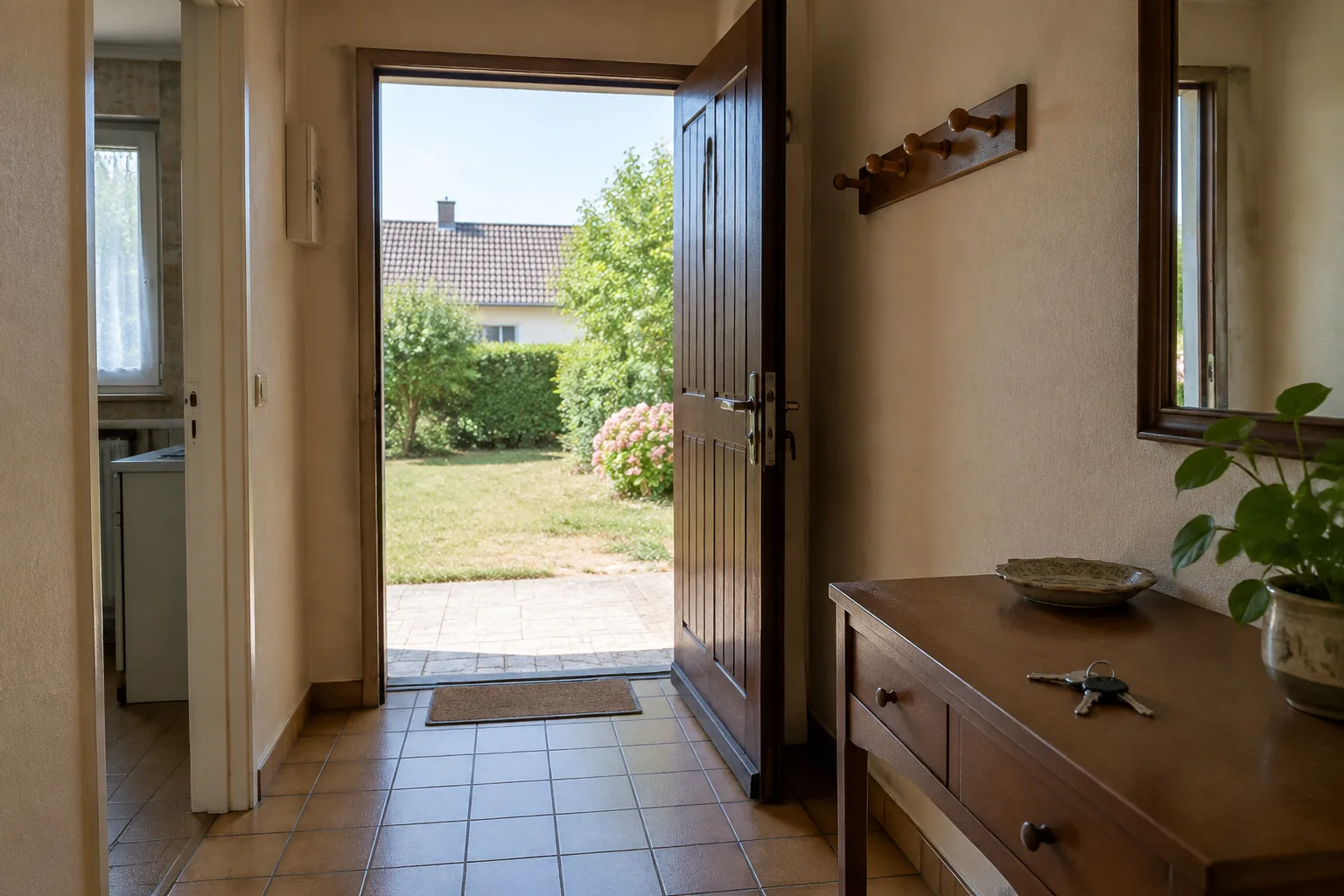 Entrée dégagée, porte ouverte sur le jardin, un seul jeu de clés posé sur la console