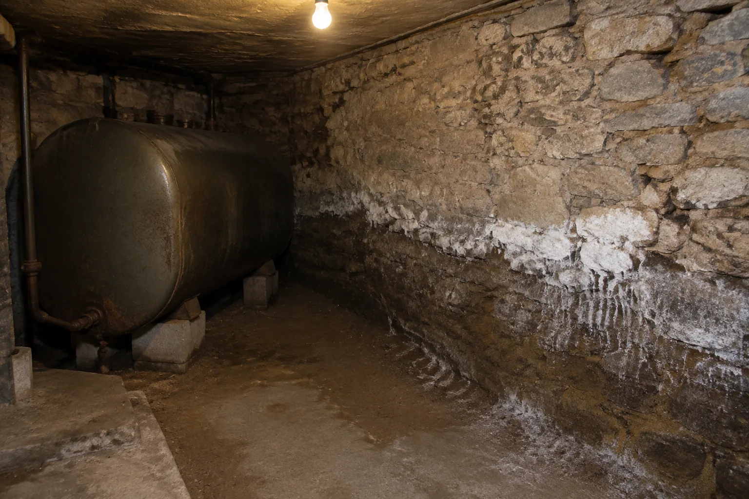 Cave en pierre marquée par des remontées d'humidité, ancienne cuve à fioul posée sur des plots